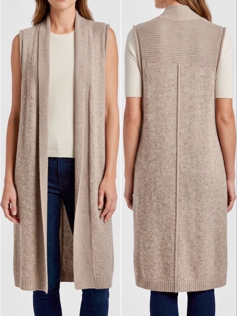 CALYPSO ST. BARTH Cashmere Tan Sleeveless Open-Front Long Cardigan Sweater Vest